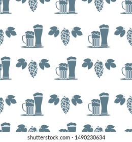 Festive seamless pattern with beer, mug, glass, hop cone, leaves. Beer party background. Munich Beer Festival Oktoberfest. Design for wrapping, fabric, print.