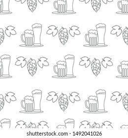 Festive seamless pattern with beer, mug, glass, hop cone, leaves. Beer party background. Munich Beer Festival Oktoberfest. Design for wrapping, fabric, print.