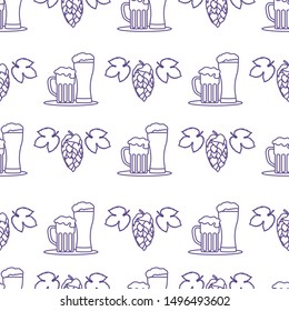 Festive seamless pattern with beer, mug, glass, hop cone, leaves. Beer party background. Munich Beer Festival Oktoberfest. Design for wrapping, fabric, print.