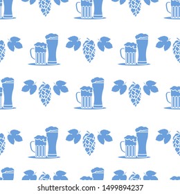 Festive seamless pattern with beer, mug, glass, hop cone, leaves. Beer party background. Munich Beer Festival Oktoberfest. Design for wrapping, fabric, print.