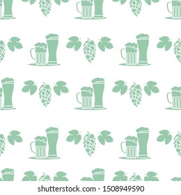 Festive seamless pattern with beer, mug, glass, hop cone, leaves. Beer party background. Munich Beer Festival Oktoberfest. Design for wrapping, fabric, print.