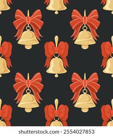 Festive seamless pattern with bells with red bows on dark background in flat style. Christmas texture with bells for wrapping paper. Holiday wallpaper