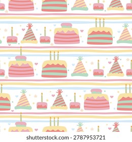 Festive seamless pattern of birthday celebration elements including cakes with candles and party hats