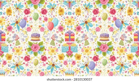 Festive seamless pattern for birthdays includes illustrations of cakes, gifts, balloons, and colorful flowers on a white background.