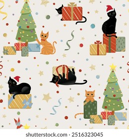 Festive seamless pattern with black and ginger cats, Christmas tree, wrapped gift boxes. Cat playing with ribbon, hiding behind the box, sitting on the top. Vector illustration