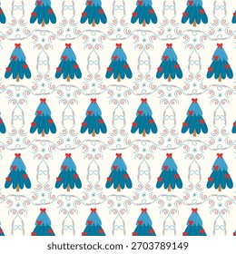 Festive seamless pattern with blue Christmas tree decorated with red bows. Holiday background for wrapping paper or fabric. Vector