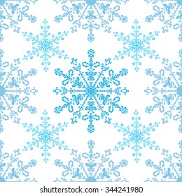 Festive seamless pattern with blue colored snowflakes on white background. Vector illustration