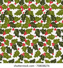 Festive seamless pattern in bright holly twigs and berries. Regular order. Holiday floral background for wallpapers, textile, wrapping paper. Christmas millefleurs.