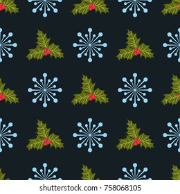 Festive seamless pattern in bright holly and snowflakes. Regular order. Holiday floral background for wallpapers, textile, wrapping paper. Christmas millefleurs.