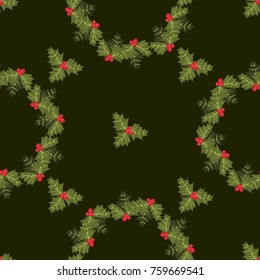Festive seamless pattern in bright holly wreath. Regular order. Holiday floral background for wallpapers, textile, wrapping paper. Christmas millefleurs.