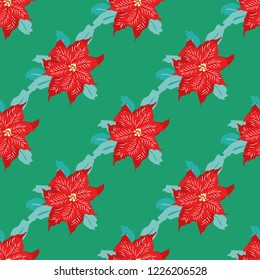 Festive seamless pattern in bright poinsettia. Regular order. Holiday floral background for wallpapers, textile, wrapping paper. Christmas millefleurs.