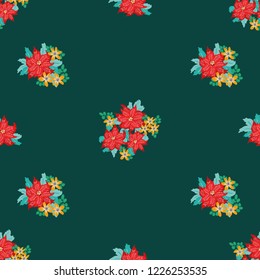 Festive seamless pattern in bright poinsettia. Regular order. Holiday floral background for wallpapers, textile, wrapping paper. Christmas millefleurs.