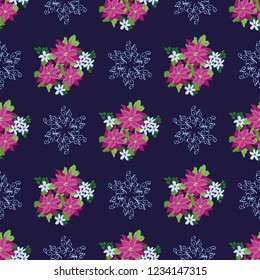 Festive seamless pattern in bright poinsettia. Holiday floral christmas background for wallpapers, textile, wrapping paper.