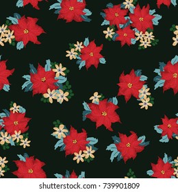 Festive seamless pattern in bright poinsettia. Liberty order. Holiday floral christmas background for wallpapers, textile, wrapping paper.