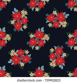 Festive seamless pattern in bright poinsettia. Regular order. Holiday floral background for wallpapers, textile, wrapping paper. Christmas millefleurs.