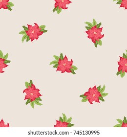 Festive seamless pattern in bright poinsettia. Regular order. Holiday floral background for wallpapers, textile, wrapping paper. Christmas millefleurs.