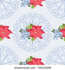 Festive seamless pattern in bright poinsettia and snowflakes. Regular order. Holiday floral background for wallpapers, textile, wrapping paper. Christmas millefleurs.