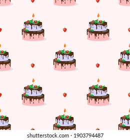 Festive seamless pattern with a cake with a candle