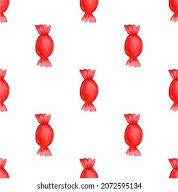 Festive seamless pattern with candy in a red wrapper. Vector illustration 