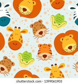 Festive seamless pattern with cartoon сute and funny animals' faces. Zebra, giraffe, crocodile, lion, leopard and tiger. Flat vector illustration.