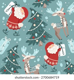 Patrón sin fisuras festivo en estilo de dibujos animados con Santa Claus con regalos, árboles de Navidad, renos en suéteres, nieve y regalos. Perfecto para papel de regalo, tarjetas y textiles