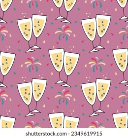 Festive seamless pattern, champagne glasses and fireworks. Festive background, print, vector	
