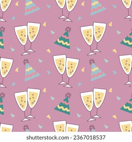 Festive seamless pattern, champagne glasses and fireworks. Festive background, print, vector	