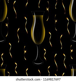 Festive seamless pattern, with champagne and golden confetti, vector eps 10.