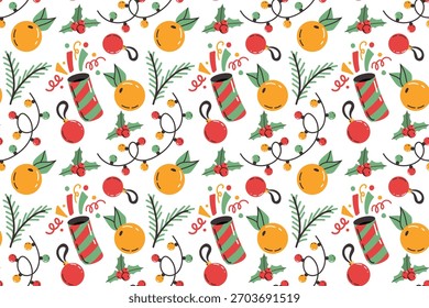 Patrón sin fisuras festivo con decoraciones de Navidad. Guirnaldas de colores y petardos son dibujados a mano. Decoración del año Nuevo para Anuncios, Fondos de pantalla, tarjetas y embalajes.