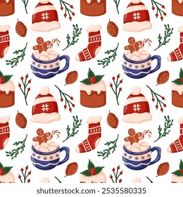 Festive seamless pattern with Christmas elements hot chocolate, gingerbread cookie, stocking, pine cone and winter hat. Ideal for holiday wrapping paper, textile and decor.