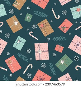 Festive seamless pattern with Christmas gifts, candies and