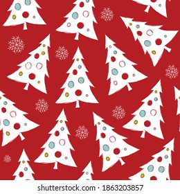 Patrón festivo sin fisuras con árboles de Año Nuevo de Navidad en un fondo rojo. Afiche de felicitación. Imagen vectorial.