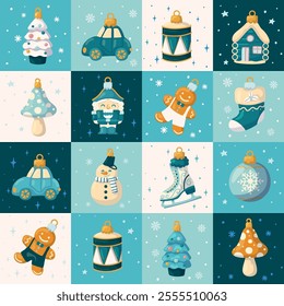 Festive seamless pattern. Christmas ornaments in squares. For wrapping paper, fabric, background.