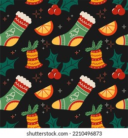 Festive seamless pattern. Christmas sock, bluebell, orange, holly and shine. Merry Christmas and Happy New Year. Print for printing paper, fabric, wrappers, postcards and more.