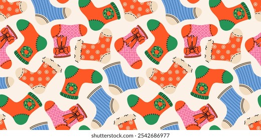 Festive seamless pattern with Christmas socks with xmas ornaments. Noel socks with snowflakes, bows. Red, blue, pink, green. Stockings for holiday projects, gift wrap, textiles, and seasonal backgrop.