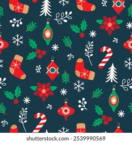 Festive seamless pattern with Christmas symbols.Cartoon background with poinsettia, holly, sock, crutch, snowflakes, spruce, decorations, twigs.Print on fabric and paper.Vector design for textile.