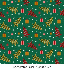 Festive seamless pattern with Christmas tree shapes, present boxes and snowflakes on green background. Flat vector illustartion.