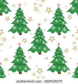 Patrón ininterrumpido festivo con árboles de navidad y copos de nieve y estrellas en ilustración vectorial de fondo blanco