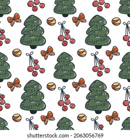 Patrón festivo sin fisuras. Árbol de Navidad, bolas y decoración. Ilustración del vector