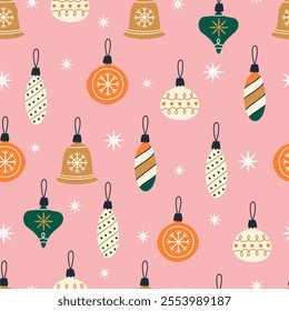 Festive seamless pattern with Christmas tree toys. Vintage style. Print on wrapping paper and fabric. Vector illustration
