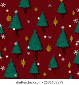 Festive seamless pattern with Christmas trees, golden stars, and snowflakes on a red background. Ideal for holiday decorations, gift wrapping, and seasonal projects.