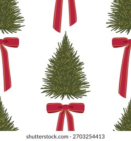 Festive seamless pattern of Christmas trees decorated with small gold lights and classic red bows on white. Elegant, traditional, and merry for packaging and holiday fabric print