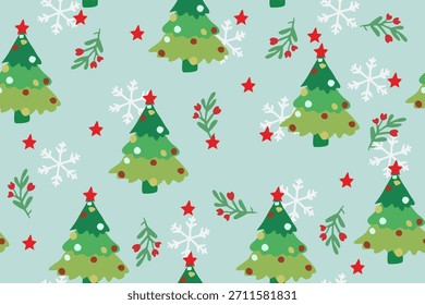 Patrón festivo sin fisuras con árboles de Navidad, estrellas rojas, bayas y copos de nieve sobre un fondo azul claro, perfecto para diseños de vacaciones alegres.