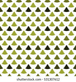  Festive seamless pattern of Christmas trees in alternating olive green, moss green, and deep brown hues over a white background. Ideal for eco-style seasonal design, gift wrap, or winter craft prints