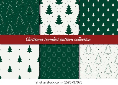 Festive seamless pattern collection. New Year, Christmas tree print kit. Holiday backgrounds set. Evergreen fir-tree, pines silhouettes motif. Minimal design scrapbook digital paper. Vector wallpaper