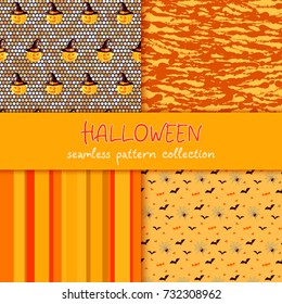 Festive seamless pattern collection. Set of vector Halloween illustration. Stripes, circles, stains, blots, scribble texture, holiday symbols jack o lantern, witch hat, bat, spider web, corn candy