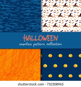 Festive seamless pattern collection. Set of vector Halloween illustration. Scribble textures, holiday characters jack o lantern, witch hat, bat, spider. Usable for design, packaging, textile