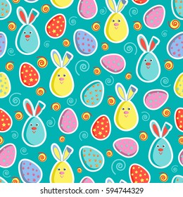 Festive seamless pattern with colored eggs and Easter bunnies. Vector illustration. Usable for design, packaging, wallpaper, textile, card, web.