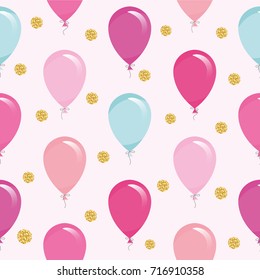 Festive seamless pattern with colorful balloons and glitter confetti. For birthday, baby shower, holidays design.