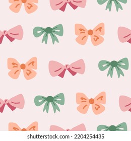 Festive seamless pattern with colorful bows. Cute hand drawn Celebratory seamless background in cartoon doodle style for greeting card, wrapping paper, packaging, fabric for girls, cover